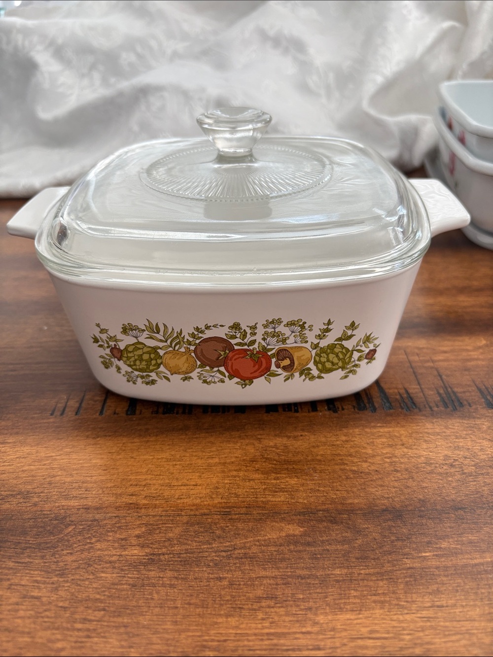 Vintage Corning Ware Casserole - Spice of Life Motif and Clear Glass Pyrex lid